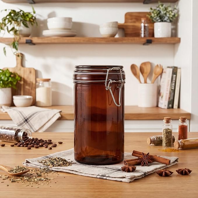 Norme 6 Pack 25oz Amber Airtight Glass Jars with Lids, Cylinder Food Storage Container Airtight Food Wire Clip Fastening for Sauerkraut Flour Kitchen Sugar Cereal Kitchen Canning Pickling Mason Jars