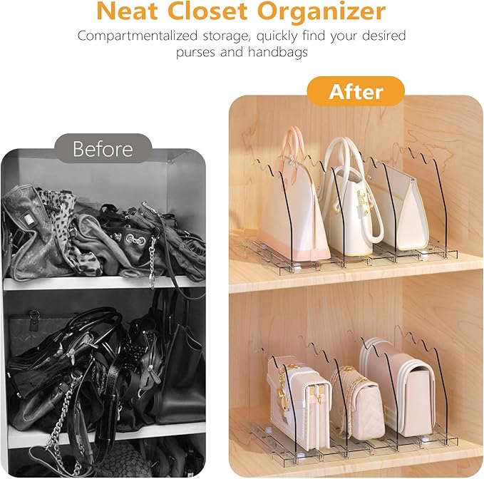 Ronlap Purse Storage Organizer for Closet, Clear Closet Bag Storage Dividers Rack Shelf Purse Dividers for Closet Organization Handbag Separators Closet Purse Organizers and Storage, 2 Pack, Clear