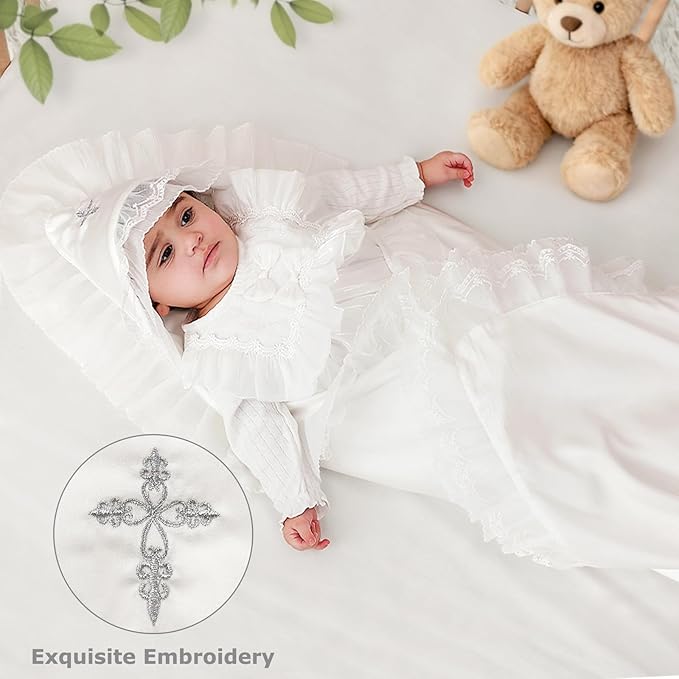 Tencel Baby Baptism Blanket with Hood-Silky Soft Christening Blanket for Boys & Girls, Breathable Tencel Fabric, 39.4×39.4 in, Elegant Gift Box, Perfect for Photography &Gift