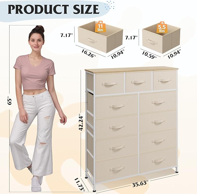 WLIVE Storage Organizer Unit with 11 Fabric Bins, Storage Drawers Organizer with Steel Frame, Tall Storage Tower Organizaton for Living Room, Hallway, Office, Cream White