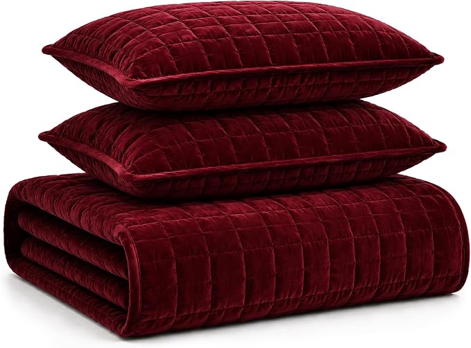 Tribeca Living Luxury Velvet Quilt King Size Set - 260GSM Ultra-Soft Oversized Velvet Bedspread Comforter Set with 2 Shams, in Florence Burgundy