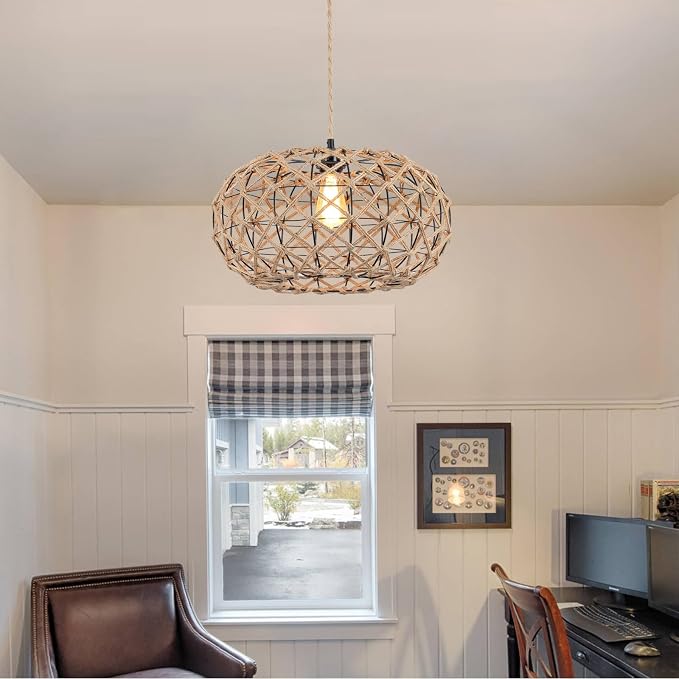 Coastal Large Woven Plug in Pendant Light with 14ft Handmade Woven Light Cord, Rustic Handmade Hemp Rope Hanging Lamp for Bedroom Kitchen Island Farmhouse Dining Room Living Room,17.8 inch Width
