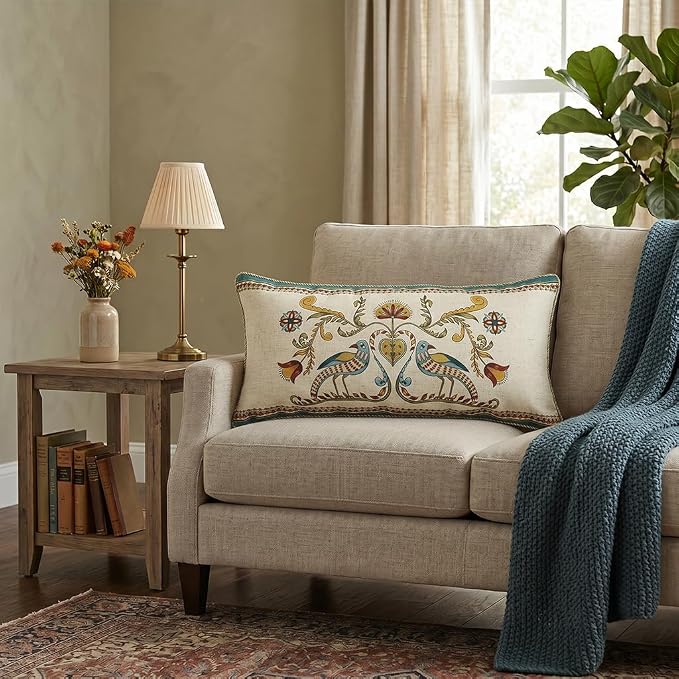 patdrea French Vintage Linen Throw Pillow Cover,12"x28",Set of 2-Wensel C | Decorative Pillow Case,Bird and Floral Pattern,Cushion Coverfor Couch Living Room Bedroom Sofa