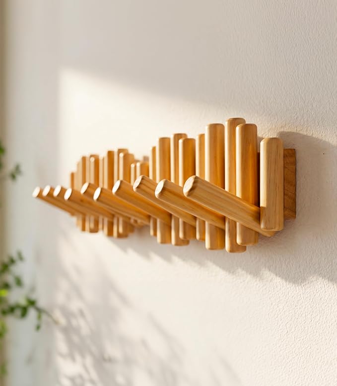 Modern Wooden Wall Mounted Coat Rack, 5-Hooks, Decorative Wall Hooks for Purse, Bags & Hats, Heavy Duty, Sturdy, Natural Pine Wood, Pull Down Hooks, Easy to Install