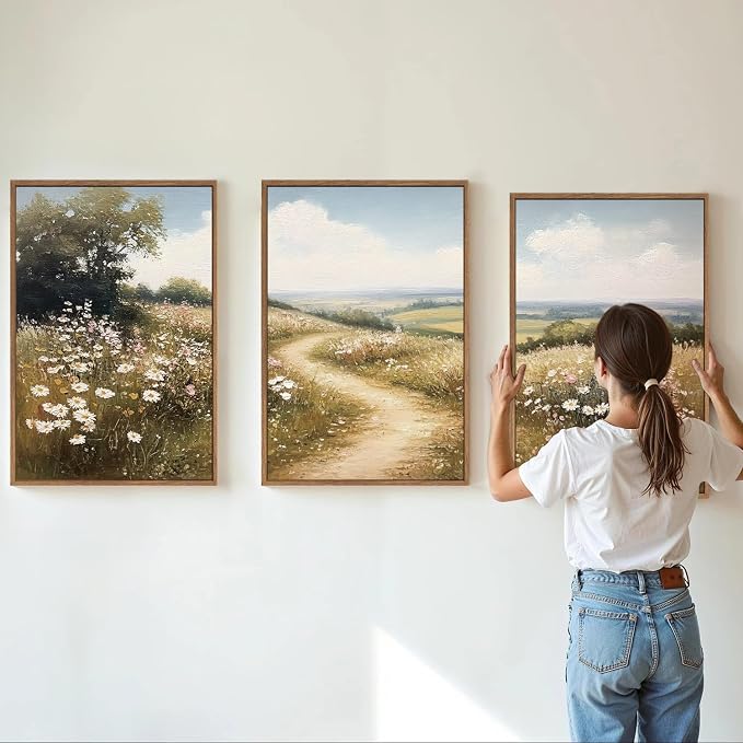 Rantodecor Rustic French Country Framed Canvas Wall Art, Vintage Flower Field Wall Decor, Calming Nature Landscape Art Paintings, Modern Wildflower Artwork for Farmhouse Bedroom Living Room 24"x36"x3
