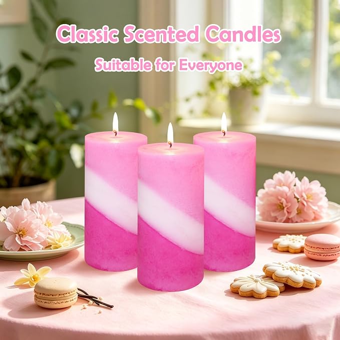 French Rose Scented Pillar Candles, 100% Cotton Core Handmade Striped Paraffin Wax Candles Decorative for Home Wedding Dating, 70H+ Burn Time|1PC, 3x6 Inch Set of 3