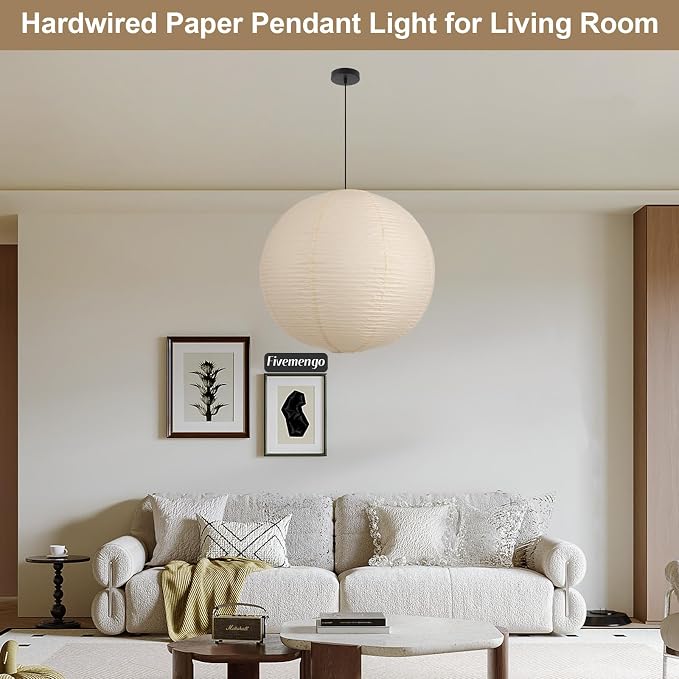 Large Paper Pendant Light with Cord and Canopy, 23.6in Off-White Rice Paper Hanging Lamp, Japanese Japandi Wabi Sabi Lantern Lamp Chandelier for Living Dining Room Bedroom Kitchen 2 Pack