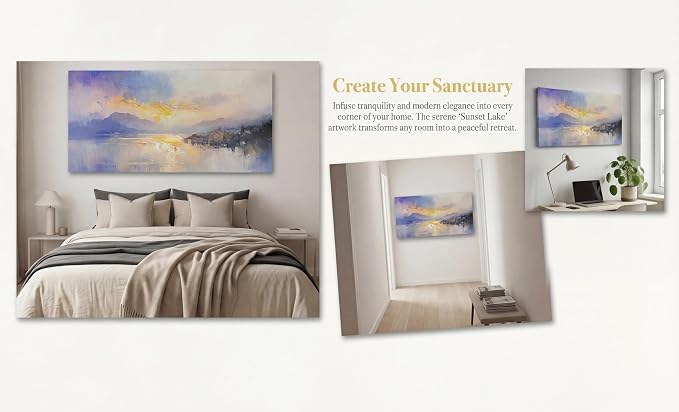 Ardemy Sunrise Lake Canvas Wall Art 48"x24" Misty Morning Mountain Landscape with Lakeside Cabin, Hand-Textured Soft Glow Picture for Living Room Bedroom Home Office Decor