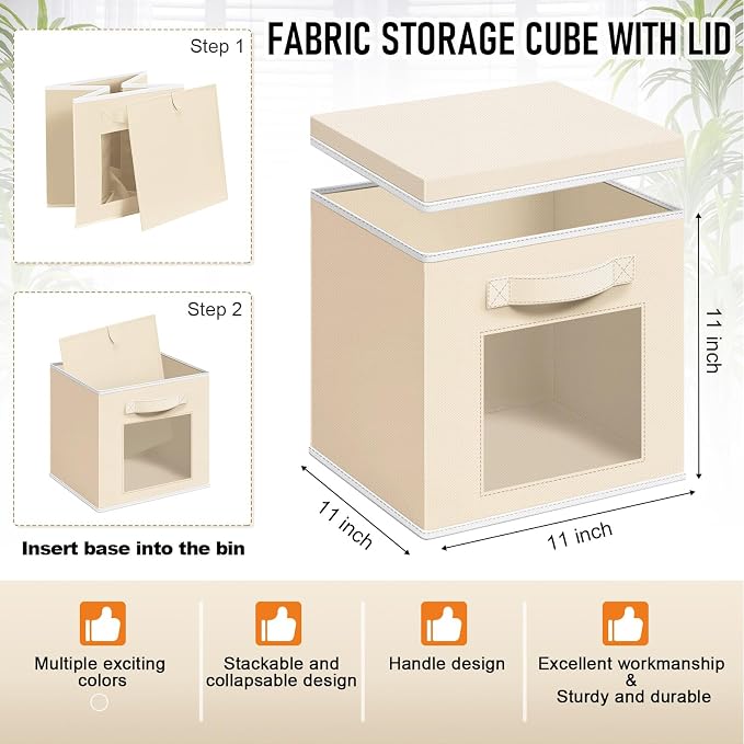 Threehoney 10 Pcs Fabric Storage Cubes with Lids and Clear Windows 11x11 Inch Foldable Closet Organizer Bins Aesthetic Boho Beige Storage Bins for Shelves Dorm Essentials Craft & Farmhouse Decor