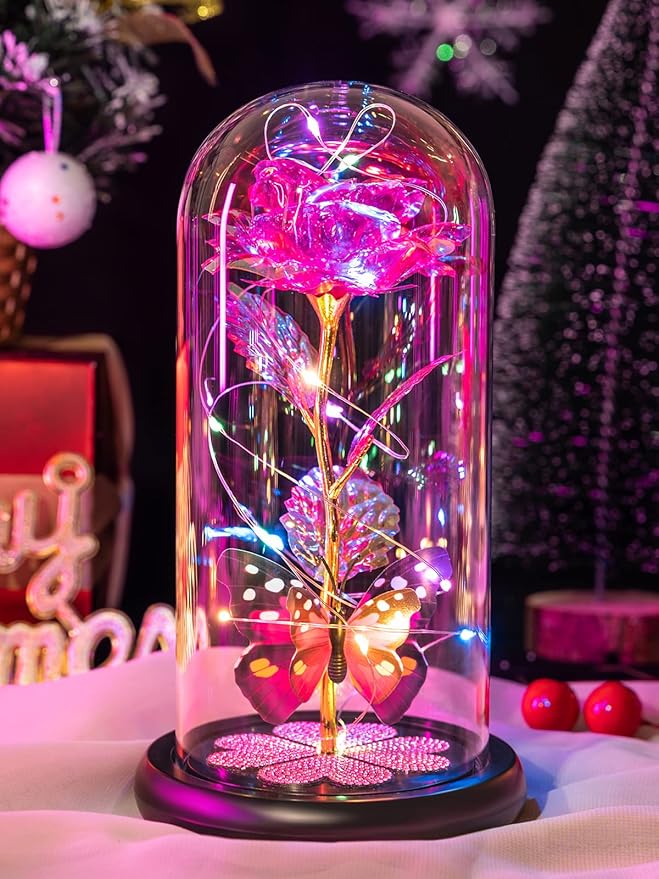 Mothers Day Mom Gifts for Mom Women Birthday Gift Galaxy Glass Rose in Glass Dome Forever Eternal Crystal Flowers with Butterfly Mother's Day Flowers Gifts for Women Wife Grandma Daughter Sister Pink