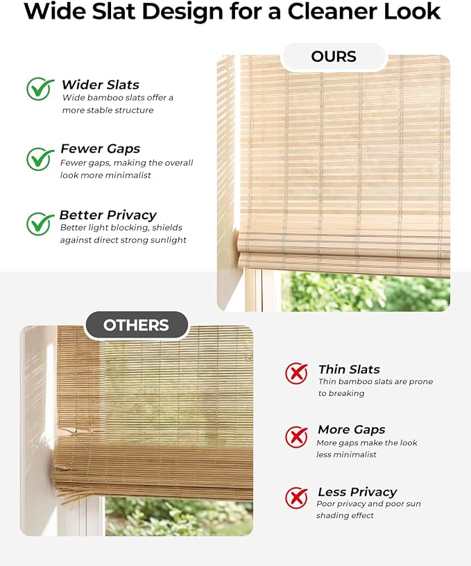 UNISHADES No Drill Cordless Bamboo Roman Shades, 33×72 in, Natural | Natural material, Light Filtering, Easy Install