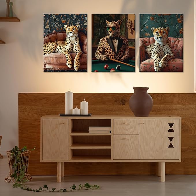 Cheetah Wall Art Set of 3–Cool Animal Canvas Poster Prints with Stylish Leopard in Suit and Lounge DécorSafari Animal Artwork Painting for Living Room,Office,Game Room,Bar, Bachelor Pad,Framed16x24in