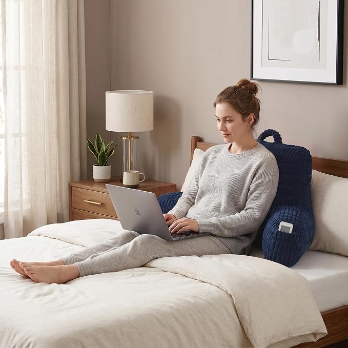 Large Reading Pillow for Sitting Up with Arms,Blue Corduroy | Back Pillow for Adults Backrest,19" Sitting Pillow Supports Reading,Gaming & Relaxing in Bed,Couch,Floor Corners