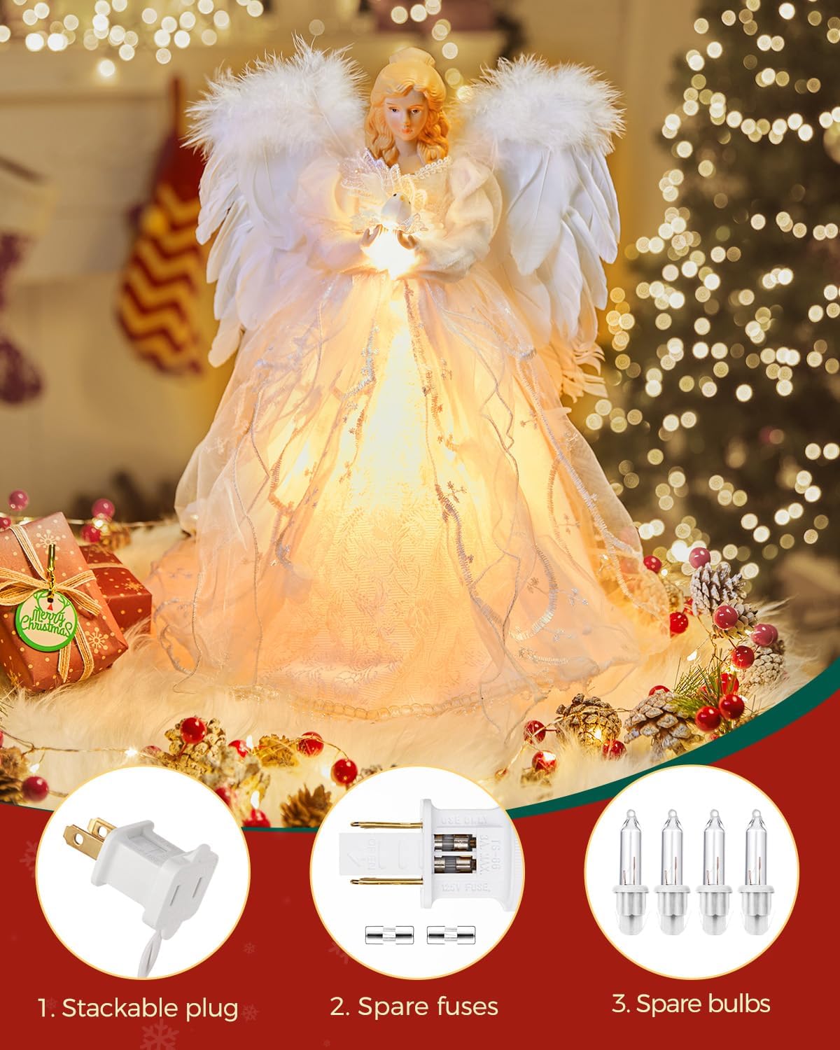 Christmas Tree Topper Angel with Lights, Xmas Tree Toppers Decorations Ornament with White Feather Wings, Plug in Christmas Tree Angel Treetop for Indoor Office Holiday