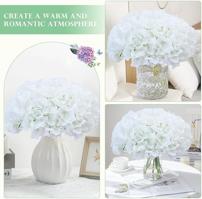 AVIVIHO 10pcs Fake Flowers for Vase,White Flowers Hydrangea Artificial Flowers Bulk Realistic Ivory Silk Flowers with Stems for Spring Home Table,Wedding Decor,Baby Shower,Centerpieces Decor