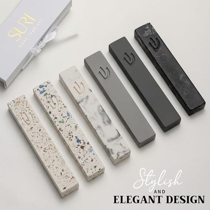 SURI Mezuzah for Door – 5 Inch Marble Off-White Concrete Mezuzah Case with Non Kosher Scroll, Self-Stick Jewish Entry Design, Fits a 4 Inch Scroll, Gift Box Included