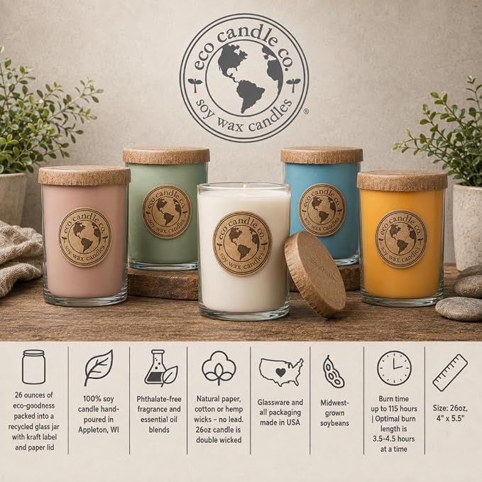 ECO CANDLE CO. Recycled Candle, Ocean Waves, 26 oz. - Scents of Marine Air, Citrus, & Musk - 100% Soy Wax, No Lead, Kraft Paper Label & Lid, Hand Poured, Made from Midwest Grown Soybeans