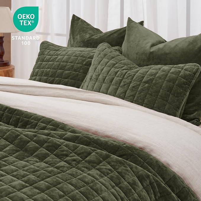 PHF Luxurious Velvet Quilt Set Twin Size – 2PCS Super Soft Quilted Comforter Alternative with Square-Box Quilt Pattern, Warm Quilted Bedspread Coverlet, 68" x 92", Smokey Olive