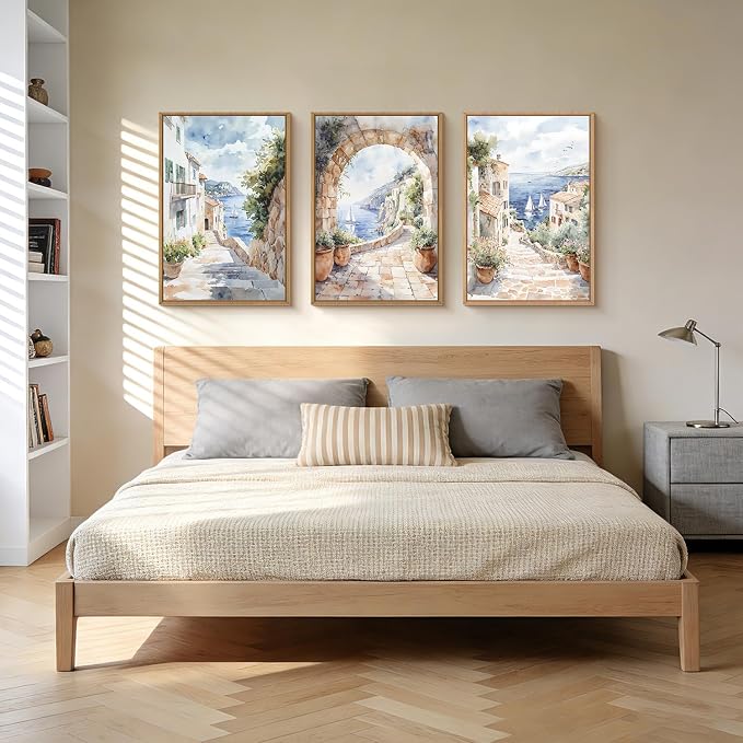 LHIUEM Watercolor Italy Coast Framed Canvas Wall Art,Modern Europe Countryside Wall Decor,Seascape Painting,Neutral Mediterranean Artwork for Living Room,Bedroom,Dining Room -24"x36"x3