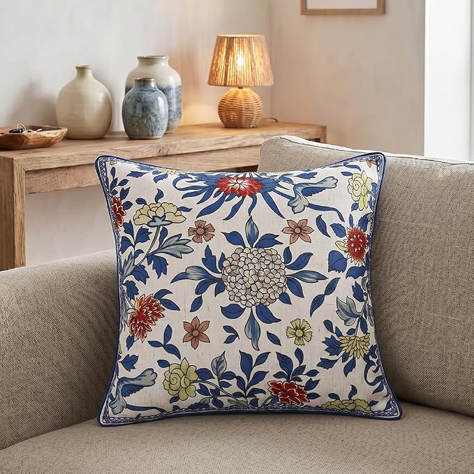 patdrea Designer French Vintage Linen Throw Pillow Cover,18"x18"-Ivar A | Decorative Pillow Cover,Blue and White Floral Pattern,Pillow Case for Couch Living Room Bedroom Sofa Outdoor