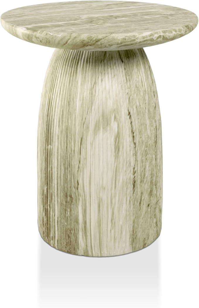 24/7 Shop at Home Ranera Modern 17-inch Natural Stone Side Table with Round Pedestal Base, Marble Nightstand, Fluted Patio End Table, for Living Room, Covered Outdoor Spaces, Balcony, Green Travertine