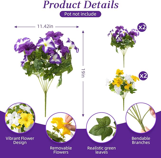 FULLMUSIC Spring Artificial Flowers for Outdoors, UV Resistant Fake Morning Glory, Look Real Faux Silk Plants for Front Door Garden Porch Planter