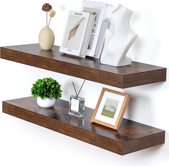 FLYJOE 36'' Brown Floating Shelves, 12 Inch Deep Shelves for Wall Set of 2 | 36'' x 12'' Rustic Brown Wood Shelves for Framhouse Living Room Bathroom Kitchen Laundry Room