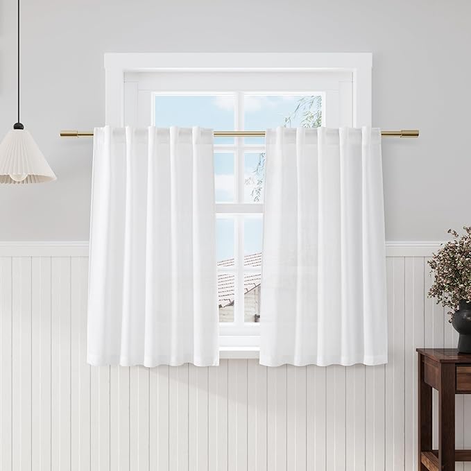 Nanspring White Short Linen Curtains 40 Inch Length 2 Panels Back Tab Rod Pocket Semi Sheer Light Filtering Small Window Modern Farmhouse Draps for Kitchen Bathroom Cafe Loft Room Decorative 52x40