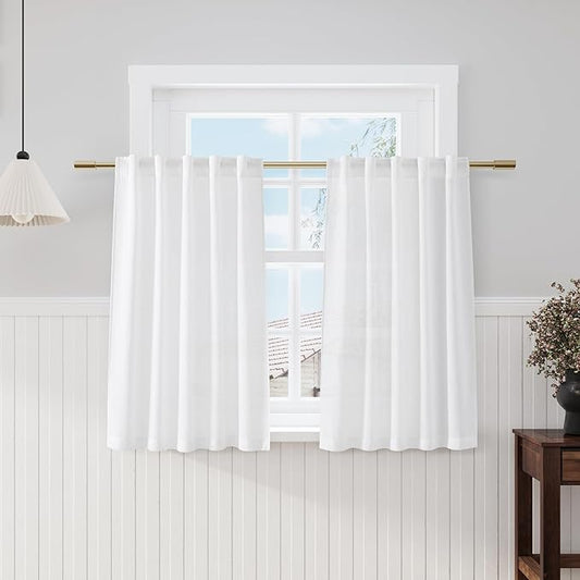 Nanspring 48 Inch Linen Curtains, White Light Filtering Curtain Back Tab and Rod Pocket Neutral Modern Farmhouse Coastal Decor Curtains for Living Room Bedroom 34 x 48 Inch, 2 Panels