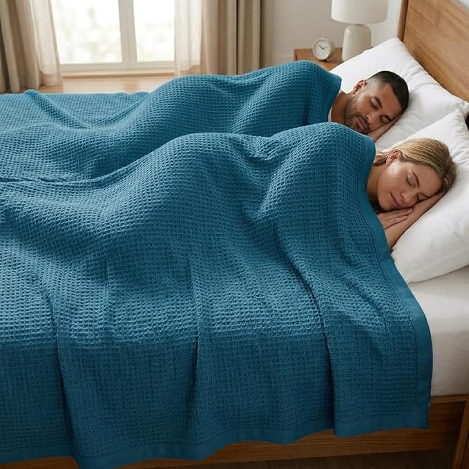 TreeWool Premium 100% Cotton Waffle Summer King Blanket (90"x108", Teal) | 420 GSM Breathable Lightweight Moisture Wicking Soft Knit Thermal Blanket for Bed or Sofa All-season Comfort Machine Washable