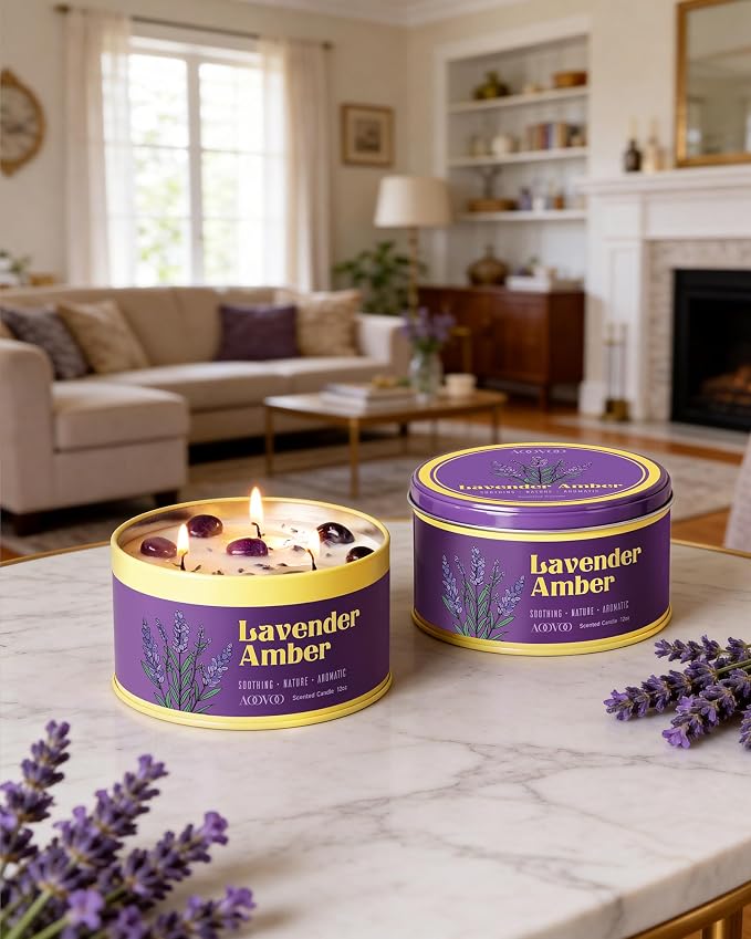 AOOVOO Lavender Amber Candle for Relaxation - 3 Wick 12oz Large Scented Candle with Amethyst & Dried Lavender Inside, Soy Wax Non Toxic for Sleep, Meditation, Aromatherapy Gift for Women Men