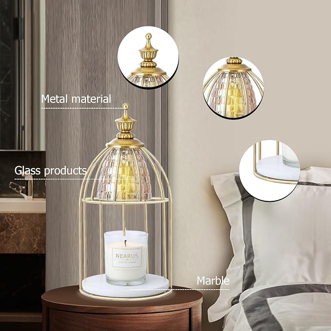 Candle Warmer Lamp, Auto Shut Off and Brightness Heat Level Control with Timer and Dimmable Switch, Top-Down Candle Melting with Marble Base and 2 Bulbs(Gold)
