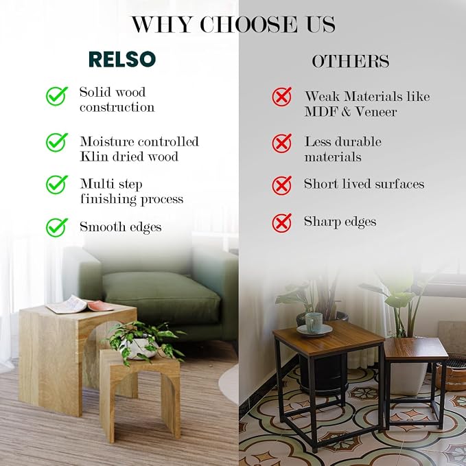 Relso Arch Duo Solid Mango Wood Nesting Tables for Living Room Set of 2 | Stylish Sustainable Design Nesting Side Tables | Unique Arched Cutouts Nesting Stools | Mid Century Nesting Tables