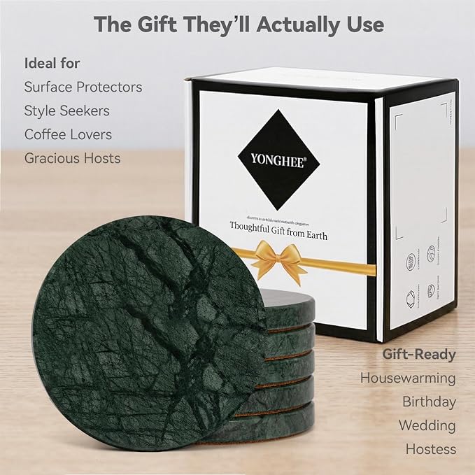 Dark Green Marble Coasters Set of 6, Modern Luxury Drink Coaster for Coffee Table, 4 Inch Round Polished Verde Stone Coasters with Intricate Veins – Heat Resistant, Non-Slip, Housewarming Gift