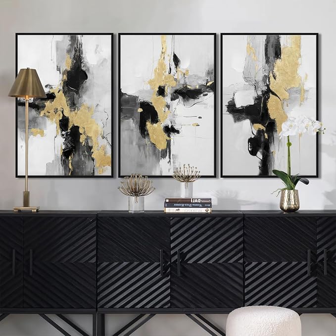 SAFERRYHOME Abstract Textured Framed Canvas Wall Art, Neutral Minimalist Wall Decor Modern Art Prints, Black Gold Wall Painting Artwork Pictures for Living Room,Bedroom,Dining Room,Office, 16"x24"x3