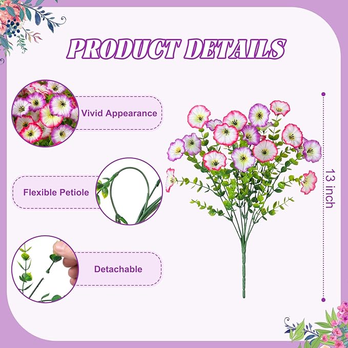 Hrobek Artificial Flowers for Outdoor Spring Summer Decoration, 10 Bundles Fake Plastic Flower Plant, Faux Colorful Silk Morning Glory Eucalyptus for Outside Garden Porch Front Door Decor, Pink White