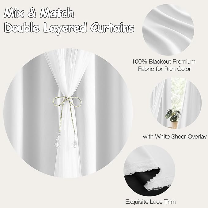 XiDi White Blackout Curtains with Sheer Overlay for Bedroom 84 Inches Long Mix & Match Double Layer Curtains Thermal Insulated Window Treatment White Drapes for Living Room 2 Panels Grommet Top 52x84