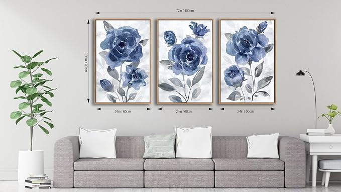 Large Framed Canvas Wall Art - Natural Float Framed Modern Indigo Flowers Pictures Decor Dark Blue Floral Grey Leaves Artwork for Bedroom Living Room Kitchen Home Office Decoration 72" X 36" Set of 3