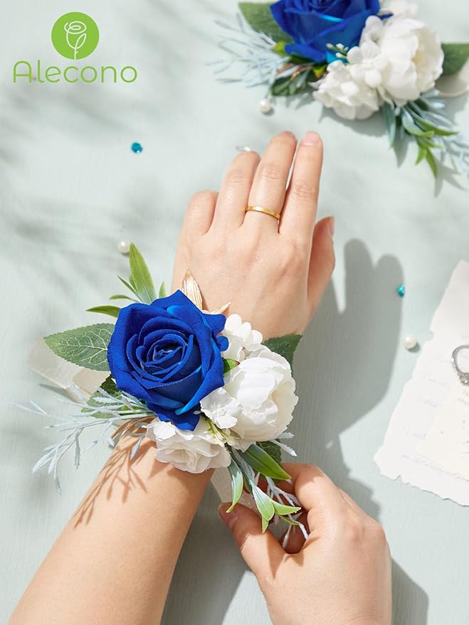 Alecono Set of 2 Wrist Corsage for Wedding, Navy Blue Corsages for Bride Bridesmaid, Artificial Flowers for Prom Graduation Ceremony Anniversary