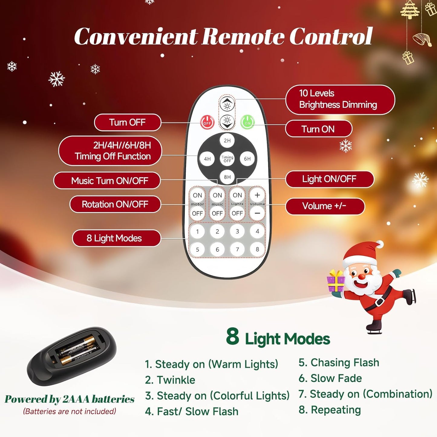 6.5FT Snow Flocked Pre-Lit Christmas Tree with 360° Rotating Base, 1036 PE/PVC Tips, 340 LED Lights, 8 Modes, Dimmable and Timer Functions, Musical Artificial Xmas Tree for Holiday Decor