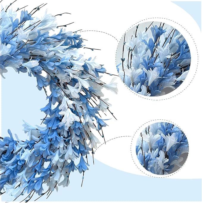 Bibelot 22inch Artificial Forsythia Flower Wreath Spring Summer Fall Wreath Silk Leaves for Front Door Porch Farmhouse Patio Garden Home Decor (Blue)