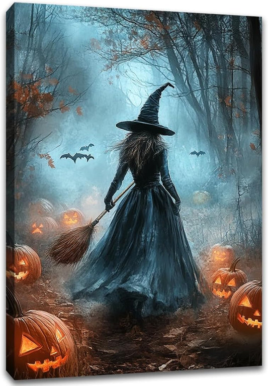 Vintage Moody Halloween Witch Artwork Wall Decor,Spooky Halloween Gothic Canvas Artwork Creepy Horror Witch with A Broom Pumpkin Bats Rustic Forest Picture,Dark Academia Poster,8"x12" Framed