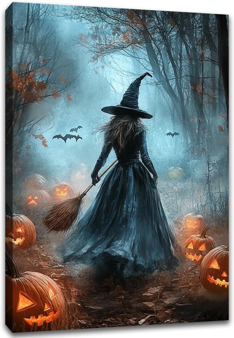 Vintage Moody Halloween Witch Artwork Wall Decor,Spooky Halloween Gothic Canvas Artwork Creepy Horror Witch with A Broom Pumpkin Bats Rustic Forest Picture,Dark Academia Poster,20"x30" Framed