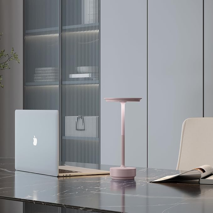 Rechargeable Cordless Table Lamps, 5000mAh Portable LED Table Light, 3 Color Stepless Dimming Battery Powered Metal Table Lamp for Outdoor Patio/Bedroom/Restaurant.(Light Pink)