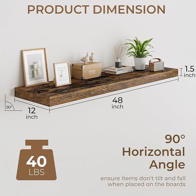 RICHFOCUS 48 Inch 12" D Floating Shelves for Wall 2 Pack Long Wall Shelves for Room Wall|Large Wood Hanging Shelf with Invisible Brackets for Bathroom Bedroom Kitchen Laundry Room, Rustic Brown