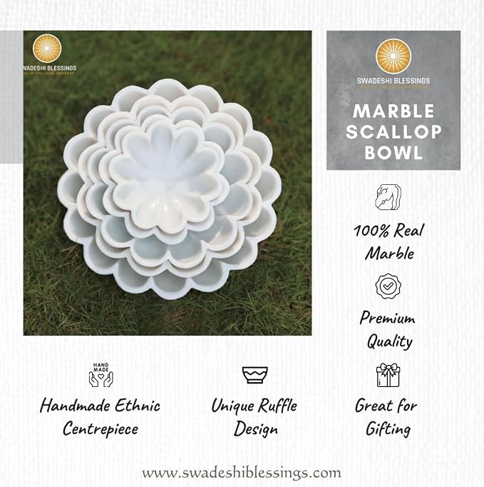 SWADESHI BLESSINGS HandCrafted Marble Decorative Bowl | White Ruffle Scalloped Fluted Key/Fruit Ring Dish | Organic Modern Home Decor (8 Inches)
