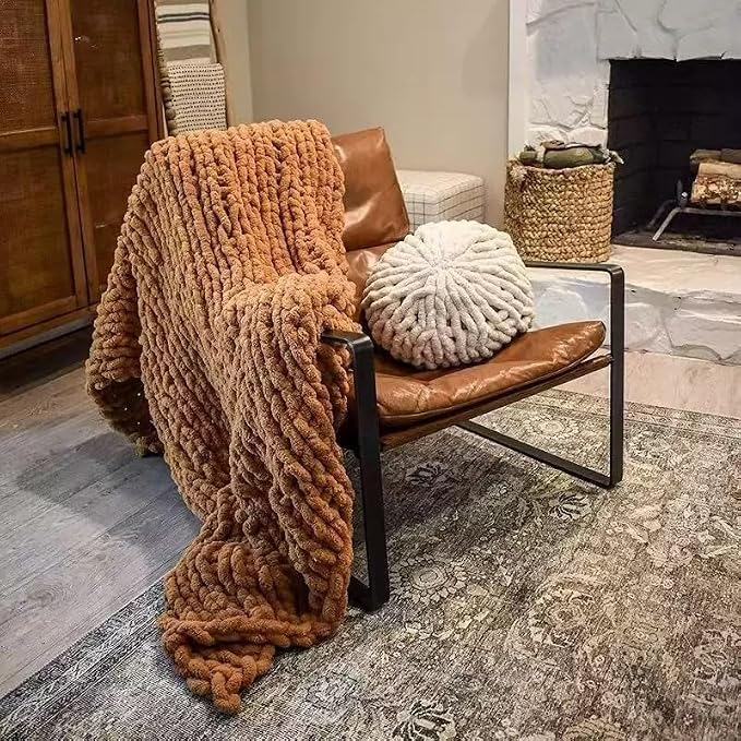 Soft Chunky Knit Throw Blanket for Couch, Cozy Warm Knitted Blankets | Hand Knit with Jumbo Chenille, Lightweight Warm Fluffy Decor for Women, Mom, Her & Girls,Sofa,Chair,Bed,40"×60"(Light Brown)