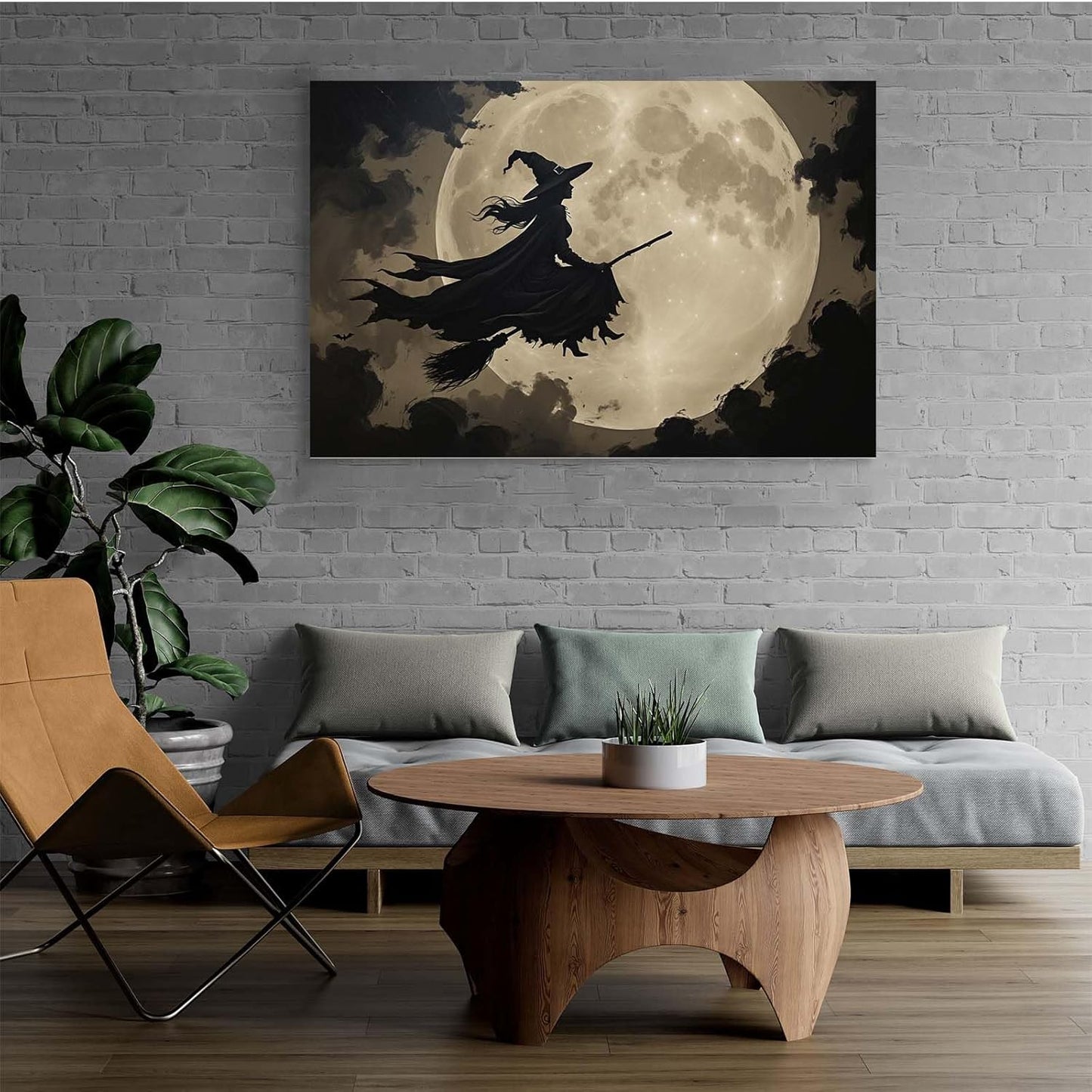 JFHCQJPK Full moon witch silhouette poster witch on magic broom Halloween mural poster decorative mural art suitable for home living room bedroom32x48in Frameless