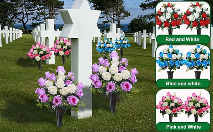 Lodou Set of 2 Artificial Cemetery Flowers, Memorial Flowers Bouquet,Grave Memorial Flowers with Vase for Cemetery Headstones Decoration (Purple White)