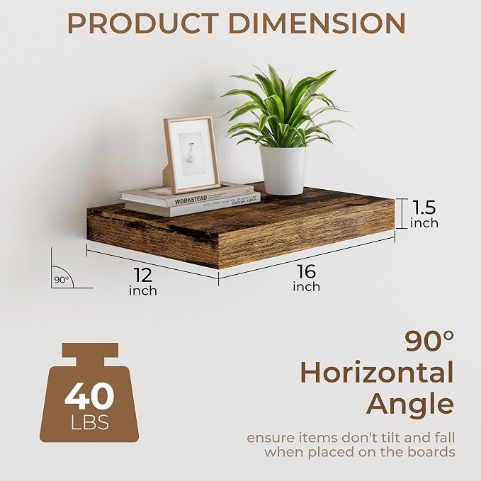 RICHFOCUS Deep Floating Shelves for Wall 2 Pack 12" D 16 Inch Wall Shelves for Room Wall|Wood Hanging Shelf with Invisible Brackets for Bathroom Bedroom Kitchen Laundry Room, Rustic Brown